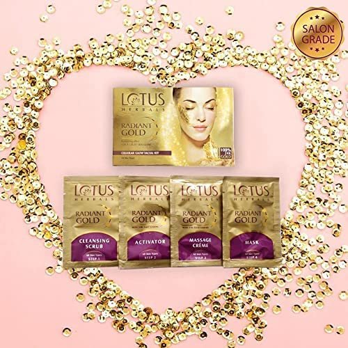 Lotus Herbals Radiant Gold Cellular Glow 1 Facial Kit | With 24K Gold Leaves | For Natural Golden Glow Skin | For Women & Men | All Skin Types | 37g