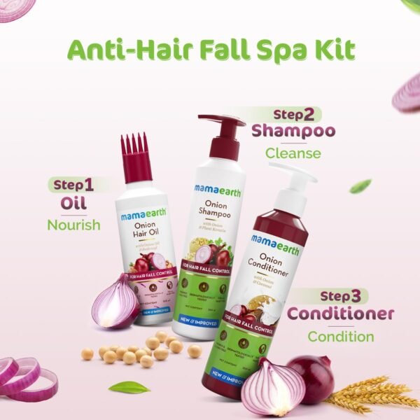 Mamaearth Anti-Hair Fall Spa Kit | Onion Shampoo 250 ml + Conditioner 250 ml + Hair Oil 150 ml | Boosts Growth | Reduces Hair Fall | Softens Hair