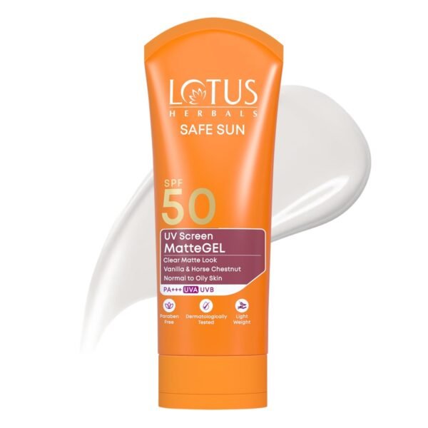 Lotus Herbals Safe Sun UV Screen Matte Gel Sunscreen SPF 50 PA+++ | Vanilla & Horse Chestnut | Matte Finish | No White Cast | Normal to Oily Skin | For Women and Men | Paraben & Cruelty Free | 50g
