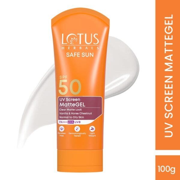 Lotus Herbals Safe Sun UV Screen Matte Gel Sunscreen SPF 50 PA+++ | Vanilla & Horse Chestnut | Matte Finish | No White Cast | Normal to Oily Skin | For Women and Men | Paraben & Cruelty Free | 50g