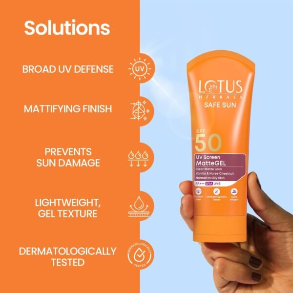 Lotus Herbals Safe Sun UV Screen Matte Gel Sunscreen SPF 50 PA+++ | Vanilla & Horse Chestnut | Matte Finish | No White Cast | Normal to Oily Skin | For Women and Men | Paraben & Cruelty Free | 50g