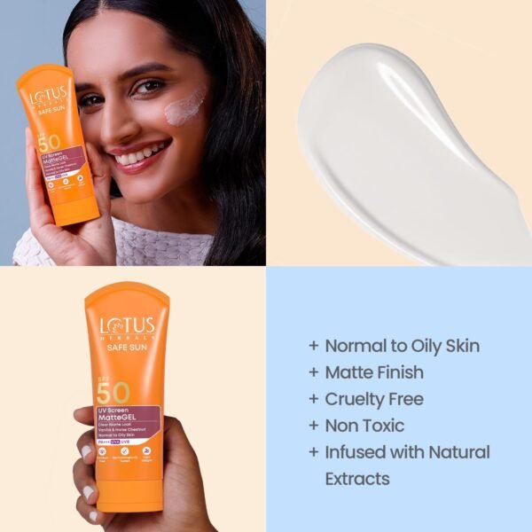 Lotus Herbals Safe Sun UV Screen Matte Gel Sunscreen SPF 50 PA+++ | Vanilla & Horse Chestnut | Matte Finish | No White Cast | Normal to Oily Skin | For Women and Men | Paraben & Cruelty Free | 50g