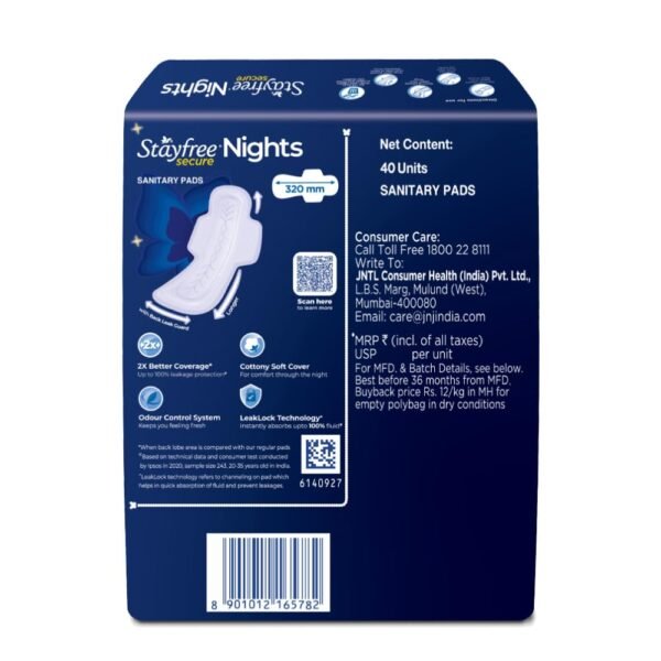 Stayfree Secure Nights XXL | 40 Pads| Cottony Soft Sanitary Pads for Women | Upto 100% leakage protection | Buy XXL at XL price | Absorbs 2x Faster with Wider Back