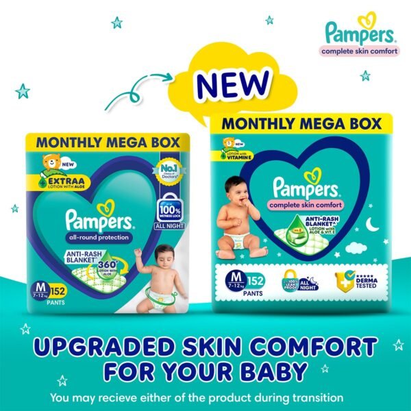 Pampers Complete Skin Comfort Pants| Pant style Diaper | Anti-Rash blanket lotion with Vit E and Aloe Vera | All night protection with leak proof technology