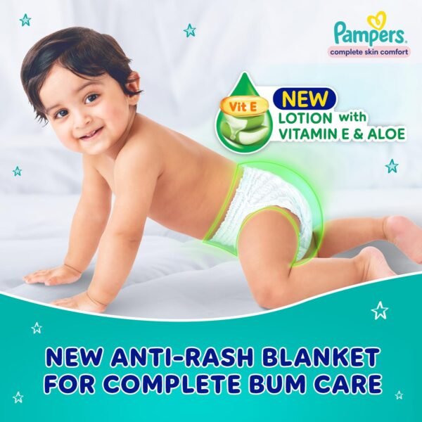 Pampers Complete Skin Comfort Pants| Pant style Diaper | Anti-Rash blanket lotion with Vit E and Aloe Vera | All night protection with leak proof technology