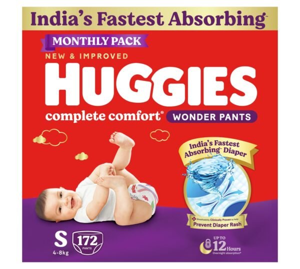 Huggies Complete Comfort Wonder Pants | Pant Style Baby Diapers Small Size (S), 172 Count | India's Fastest Absorbing Diaper, Prevents Diaper Rash, Ideal for 4 to 8 Kgs (86 Count, Pack of 2)