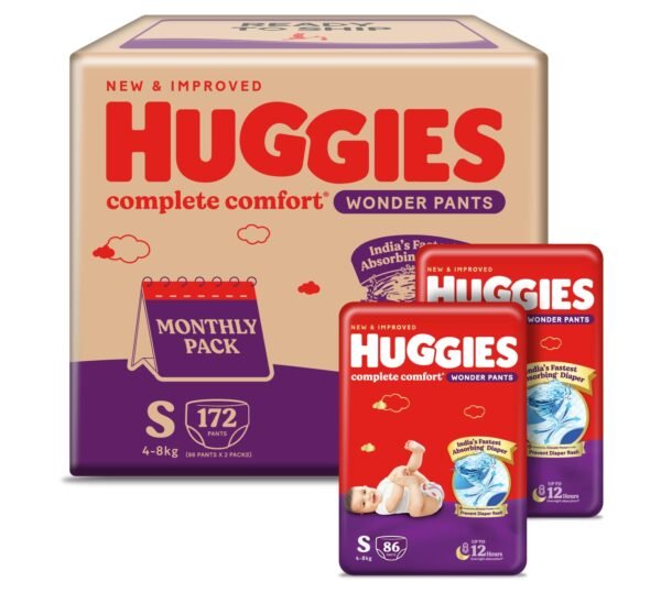 Huggies Complete Comfort Wonder Pants | Pant Style Baby Diapers Small Size (S), 172 Count | India's Fastest Absorbing Diaper, Prevents Diaper Rash, Ideal for 4 to 8 Kgs (86 Count, Pack of 2)