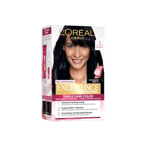 LOreal Paris Excellence Creme Triple Care No Ammonia Long-lasting Hair Color, 100% Grey Coverage, Powered by Pro-keratin and French Rose Oil, Shade Black 1, 72ml+100g
