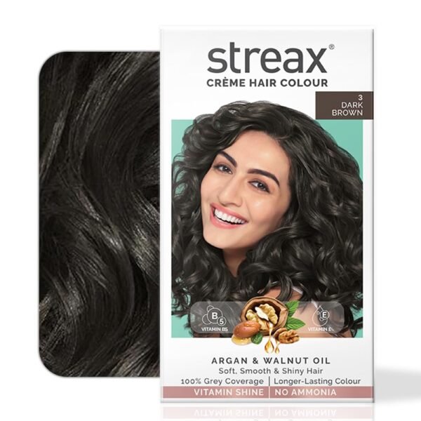 Streax Women's Crème Permanent Hair Colour - 3 Dark Brown Hair Color, 100% Grey Coverage,Ammonia Free Hair Color, Long Lasting Hair Colour, Colourant Tube 60G, Developer Bottle 60Ml, Conditioner 20G