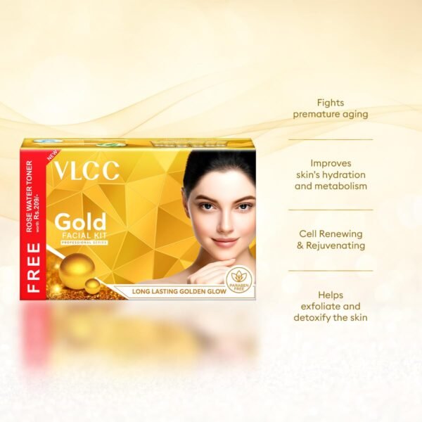 VLCC Gold Facial Kit with FREE Rose Water Toner - 300g + 100ml | 24K Colloidal Gold And Aloe Vera At Home Facial Kit | Bright & Radiant Complexion, Skin Cell Regeneration | Instant Glow Facial.