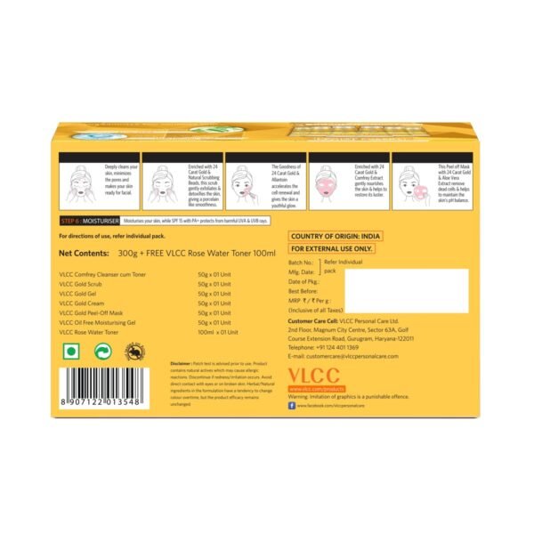 VLCC Gold Facial Kit with FREE Rose Water Toner - 300g + 100ml | 24K Colloidal Gold And Aloe Vera At Home Facial Kit | Bright & Radiant Complexion, Skin Cell Regeneration | Instant Glow Facial.