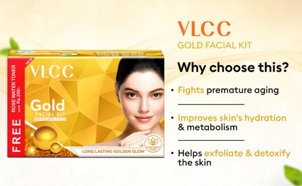 VLCC Gold Facial Kit with FREE Rose Water Toner - 300g + 100ml | 24K Colloidal Gold And Aloe Vera At Home Facial Kit | Bright & Radiant Complexion, Skin Cell Regeneration | Instant Glow Facial.
