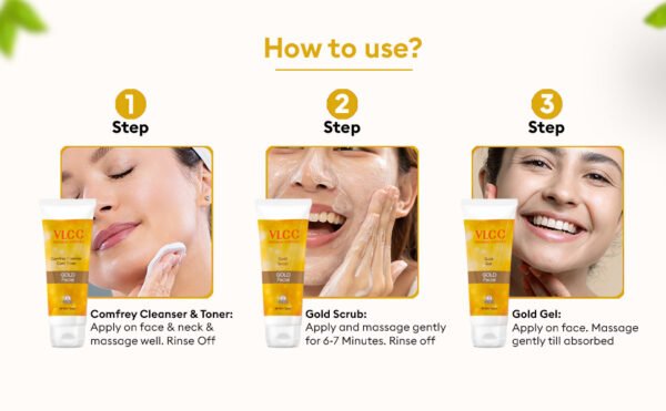VLCC Gold Facial Kit with FREE Rose Water Toner - 300g + 100ml | 24K Colloidal Gold And Aloe Vera At Home Facial Kit | Bright & Radiant Complexion, Skin Cell Regeneration | Instant Glow Facial.