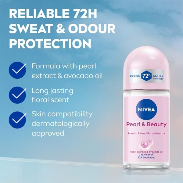 NIVEA Pearl and Beauty 50ml Deo Underarm Roll On |  | 72 H Long Lasting Floral Scent | 0% Alcohol and Dermat Approved | For Women