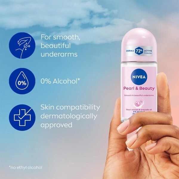 NIVEA Pearl and Beauty 50ml Deo Underarm Roll On | | 72 H Long Lasting Floral Scent | 0% Alcohol and Dermat Approved | For Women