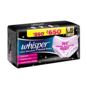 Whisper Super Absorbent Period Panty, 12 L-XL Pants, 360 Degree Leakage Protection for Heavy Flow, Panty like Fit for Full back Coverage, Absorbs Heavy Gushes, Silky Soft, Comfortable Feel, Women