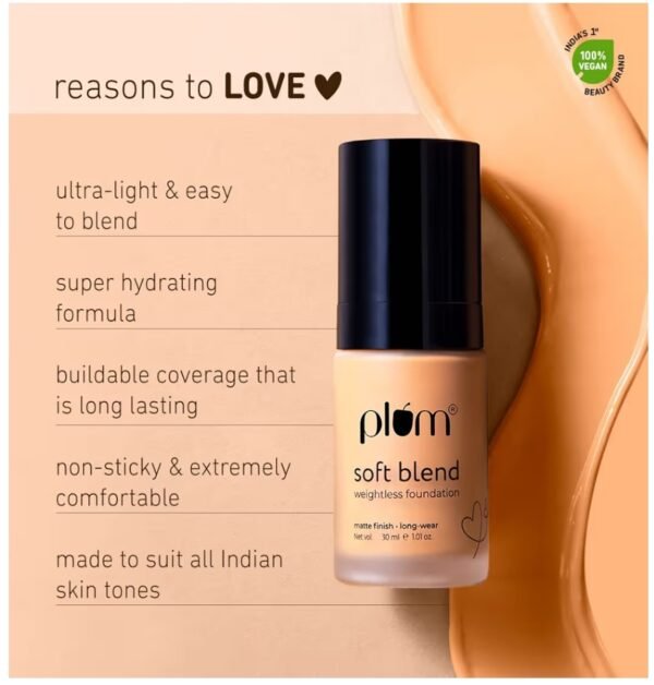 Plum Soft Blend Weightless Foundation | With Hyaluronic Acid | Matte Finish | Super Hydrating | 100% Vegan & Cruelty-Free | Halo Sand - 105P