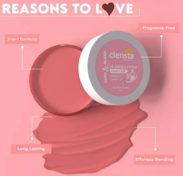 Clensta Lip Cheek Tint - Candy Cane, with Goodness of Vitamin E & Castor Oil, Nourishes & Hydrates Dry Chapped Lips, Blush & Eyeshadow for Women & Girls – 5 G