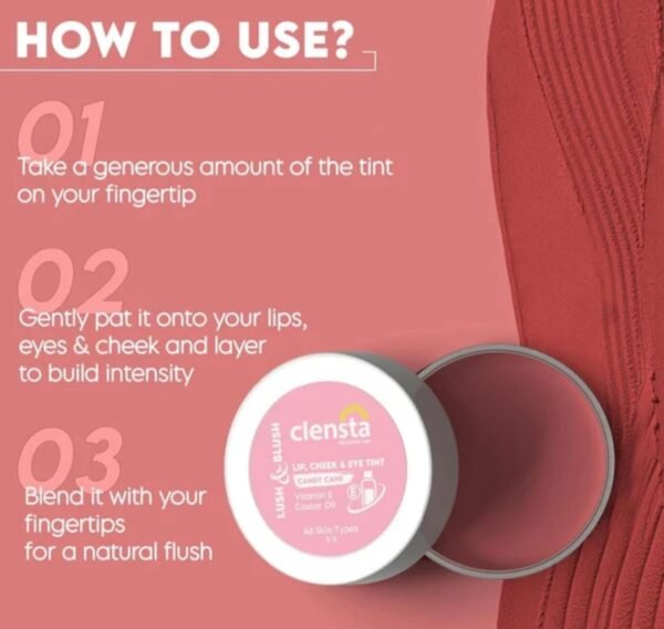 Clensta Lip Cheek Tint - Candy Cane, with Goodness of Vitamin E & Castor Oil, Nourishes & Hydrates Dry Chapped Lips, Blush & Eyeshadow for Women & Girls – 5 G